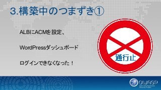 ３.構築中のつまずき①
ALBにACMを設定、
WordPressダッシュボード
ログインできなくなった！
 