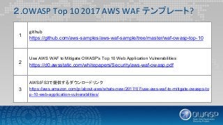 ２.OWASP Top 10 2017 AWS WAF テンプレート?
1
github
https://github.com/aws-samples/aws-waf-sample/tree/master/waf-owasp-top-10
2
Use AWS WAF to Mitigate OWASP’s Top 10 Web Application Vulnerabilities
https://d0.awsstatic.com/whitepapers/Security/aws-waf-owasp.pdf
3
AWSがS3で提供するダウンロードリンク
https://aws.amazon.com/jp/about-aws/whats-new/2017/07/use-aws-waf-to-mitigate-owasps-to
p-10-web-application-vulnerabilities/
 
