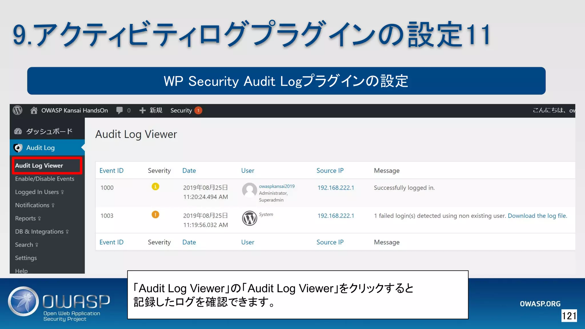 121 
9.アクティビティログプラグインの設定11 
WP Security Audit Logプラグインの設定
「Audit Log Viewer」の「Audit Log Viewer」をクリックすると
記録したログを確認できます。
 