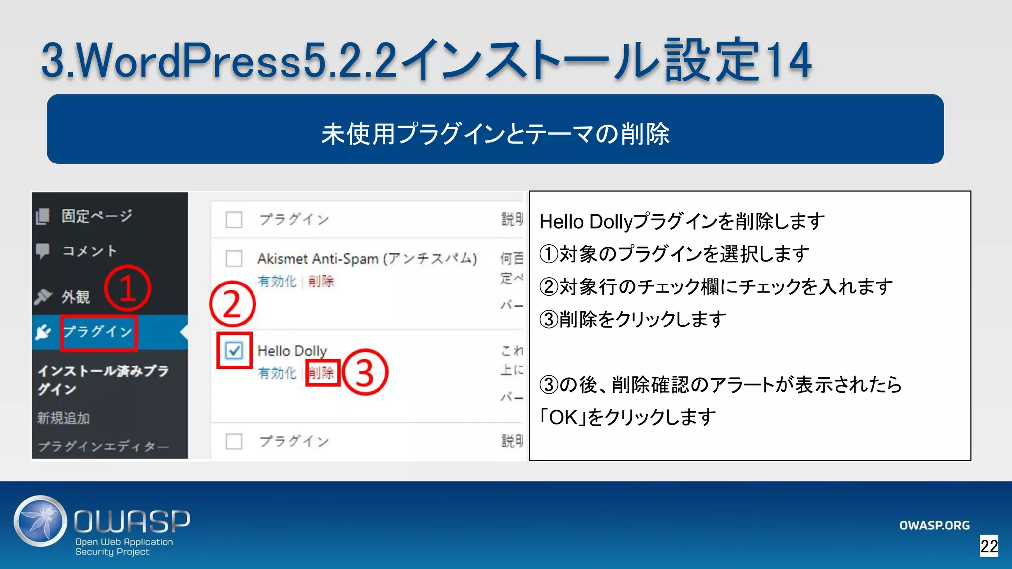 22 
3.WordPress5.2.2インストール設定14 
未使用プラグインとテーマの削除
Hello Dollyプラグインを削除します
①対象のプラグインを選択します
②対象行のチェック欄にチェックを入れます
③削除をクリックします
③の後、削除確認のアラートが表示されたら
「OK」をクリックします
 