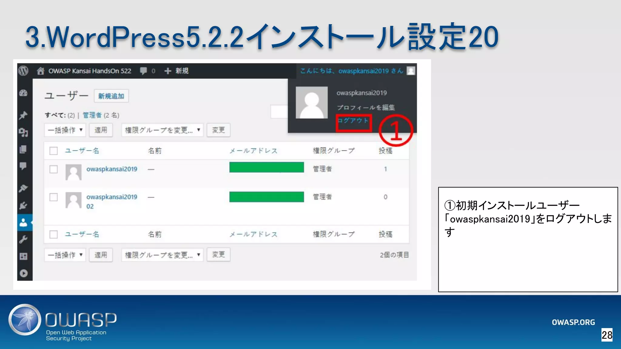 28 
3.WordPress5.2.2インストール設定20 
①初期インストールユーザー
「owaspkansai2019」をログアウトしま
す 
 
 
 