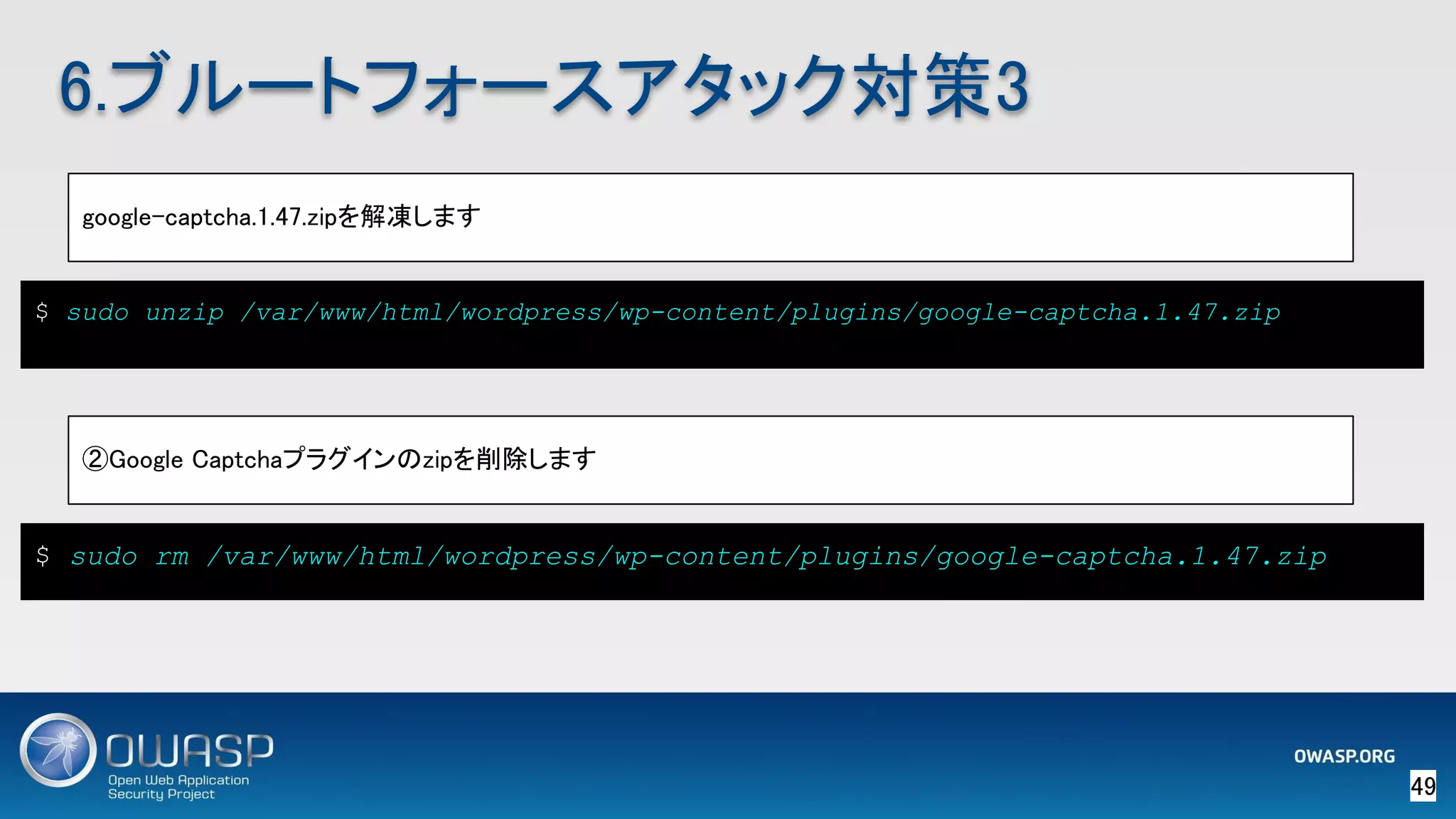 49 
6.ブルートフォースアタック対策3 
google-captcha.1.47.zipを解凍します 
$ sudo unzip /var/www/html/wordpress/wp-content/plugins/google-captcha.1.47.zip
②Google Captchaプラグインのzipを削除します 
$ sudo rm /var/www/html/wordpress/wp-content/plugins/google-captcha.1.47.zip
 