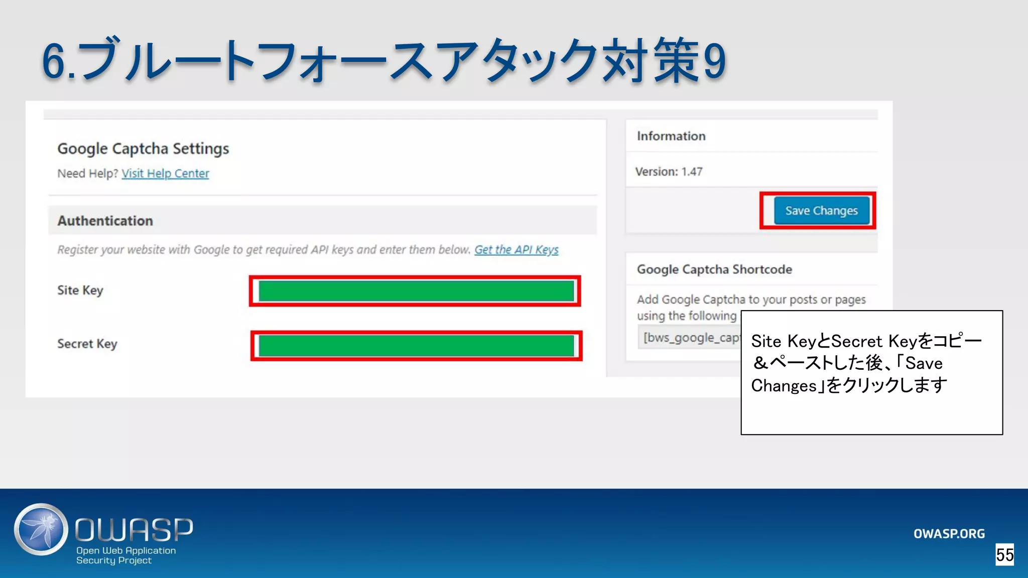 55 
6.ブルートフォースアタック対策9 
Site KeyとSecret Keyをコピー
＆ペーストした後、「Save
Changes」をクリックします 
 