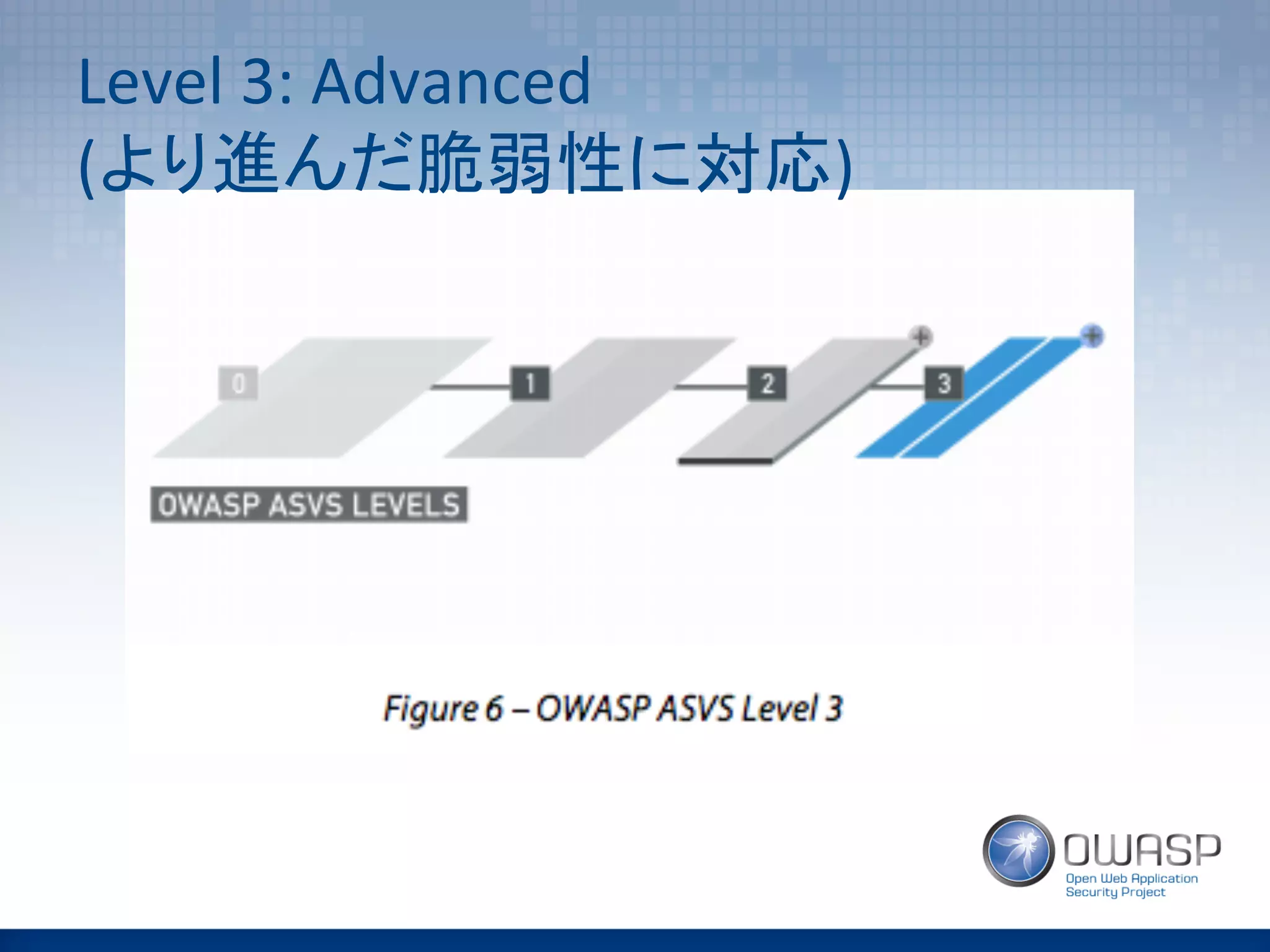 Level	
  3:	
  Advanced	
  
(より進んだ脆弱性に対応)	
 