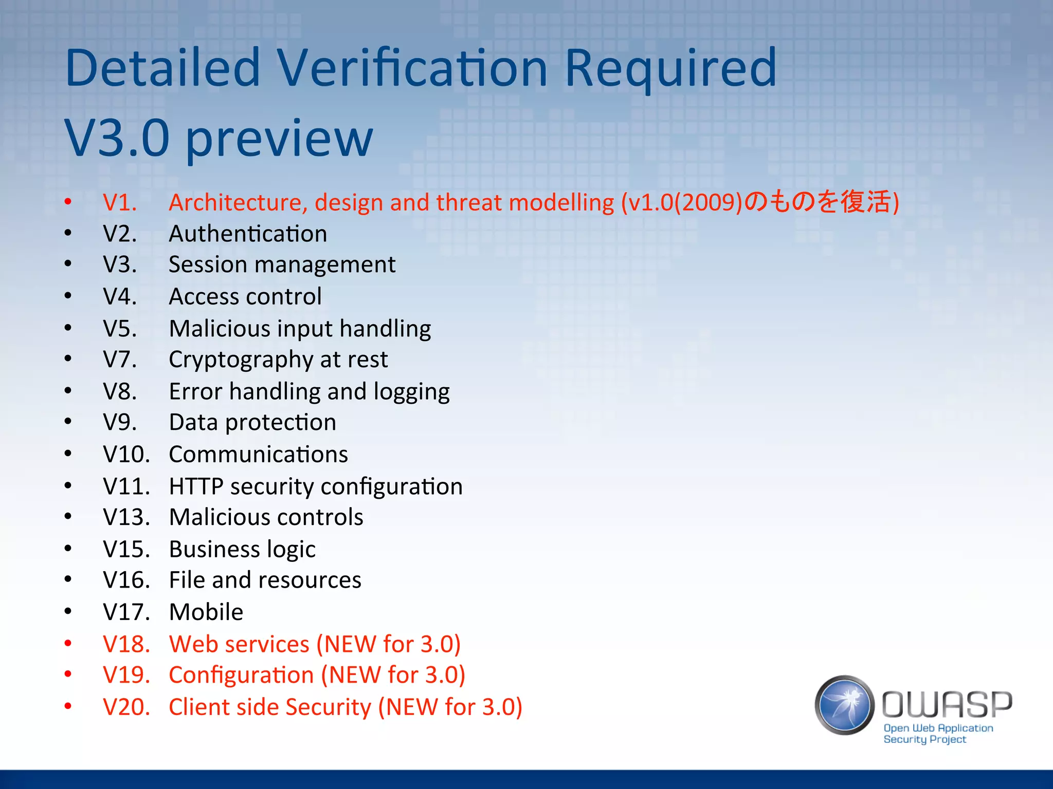 Detailed	
  Veriﬁca(on	
  Required	
  
V3.0	
  preview	
•  V1.	
   	
  Architecture,	
  design	
  and	
  threat	
  modelling	
  (v1.0(2009)のものを復活)	
•  V2. 	
  Authen(ca(on	
•  V3. 	
  Session	
  management	
•  V4. 	
  Access	
  control	
•  V5. 	
  Malicious	
  input	
  handling	
•  V7. 	
  Cryptography	
  at	
  rest	
•  V8. 	
  Error	
  handling	
  and	
  logging	
•  V9. 	
  Data	
  protec(on	
•  V10. 	
  Communica(ons	
•  V11. 	
  HTTP	
  security	
  conﬁgura(on	
•  V13. 	
  Malicious	
  controls	
•  V15. 	
  Business	
  logic	
•  V16. 	
  File	
  and	
  resources	
•  V17. 	
  Mobile	
•  V18. 	
  Web	
  services	
  (NEW	
  for	
  3.0)	
•  V19. 	
  Conﬁgura(on	
  (NEW	
  for	
  3.0)	
•  V20. 	
  Client	
  side	
  Security	
  (NEW	
  for	
  3.0)	
 