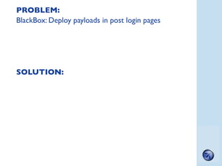 PROBLEM:
BlackBox: Deploy payloads in post login pages




SOLUTION:




                                                 ...