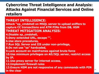 Cybercrime Threat Intelligence and Analysis: Attacks Against Financial Services and Online retailers THREAT INTELLIGENCE: Attack “xp_cmdshell on MSQL server to upload sniffers to capture CC transactions and ATM PINs from DB, HSM THREAT MITIGATION ANALYSIS: Disable xp_cmdshell, Deny extended URL, escape “”,  Use store procedures,  Run SQL Server and IIS under non-privilege, Do not use “sa” hardcoded,  Lock account on mainframes against brute force Use minimum privileges on AD/SQL server, restrict access by IP, Use proxy server for internet access,  Implement firewall rules  Ensure HSM are not responsive of any commands with PIN in the clear 