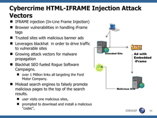IFRAME injection (In-Line Frame Injection) Browser vulnerabilities in handling iFrame tags Trusted sites with malicious banner ads Leverages blackhat  in order to drive traffic to vulnerable sites Growing attack vectors for malware propagation Blackhat SEO fueled Rogue Software Campaigns.  over 1 Million links all targeting the Ford Motor Company. Mislead search engines to falsely promote malicious pages to the top of the search results.  user visits one malicious sites,  prompted to download and install a malicious "codec",  Cybercrime HTML-IFRAME Injection Attack Vectors Intended Site Ad with Embedded iFrame Malicious Site 