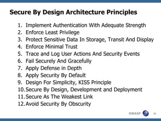 Secure By Design Architecture Principles Implement Authentication With Adequate Strength Enforce Least Privilege Protect Sensitive Data In Storage, Transit And Display Enforce Minimal Trust Trace and Log User Actions And Security Events Fail Securely And Gracefully Apply Defense in Depth Apply Security By Default Design For Simplicity, KISS Principle Secure By Design, Development and Deployment Secure As The Weakest Link Avoid Security By Obscurity 