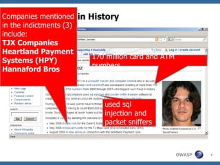 Biggest  Fraud in History 170 million card and ATM numbers used sql injection and packet sniffers Companies mentioned in the indictments (3) include: TJX Companies Heartland Payment Systems (HPY) Hannaford Bros 