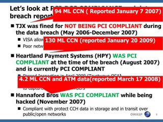Let’s look at PCI-DSS COMPLIANCE and data breach reported (datalossdb.org): Heartland Payment Systems (HPY)  WAS PCI COMPLIANT  at the time of the breach (August 2007) and is currently PCI COMPLIANT Passed Inspection in April 2008 (Trustwave QSA ) After an audit, Heartland uncovered  Malware  (the data-sniffing kind) to capture CC or ATM numbers 94 ML CCN ( Reported January 7 2007) 4.2 ML CCN and ATM data(reported March 17 2008) TJX was fined for  NOT BEING PCI COMPLIANT  during the data breach (May 2006-December 2007)  VISA allowed them to continue processing Poor network security and use of weak encryption Hannaford Bros  WAS PCI COMPLIANT  while being hacked (November 2007) Compliant with protect CCH data in storage and in transit over public/open networks 130 ML CCN (reported January 20 2009) 
