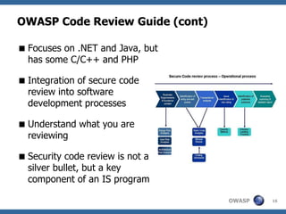 OWASP Code Review Guide (cont)

 Focuses on .NET and Java, but
  has some C/C++ and PHP

 Integration of secure code
  r...