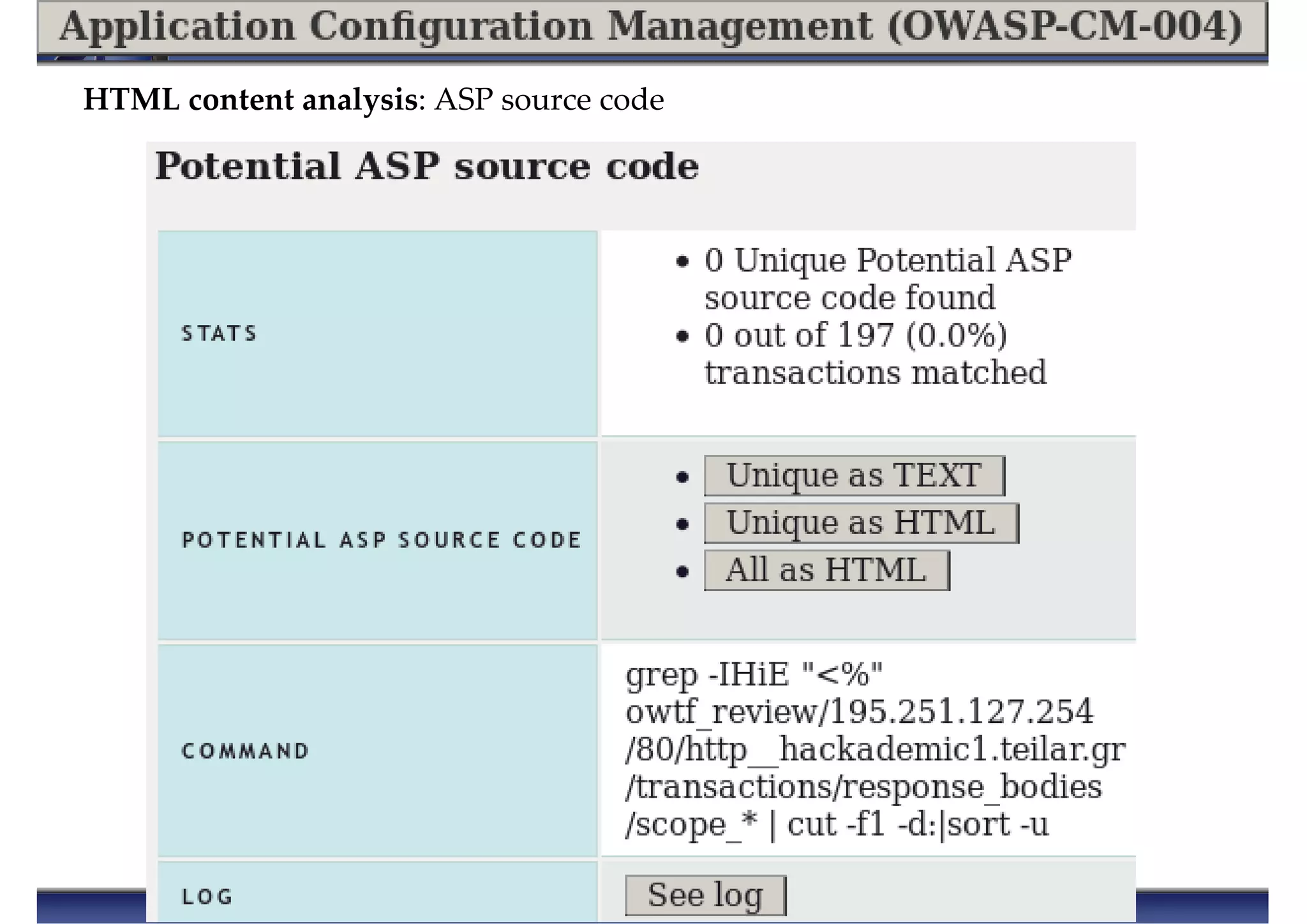 HTML content analysis: ASP source code
 