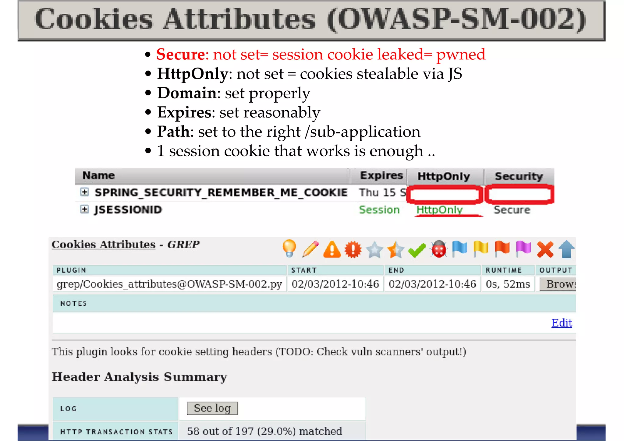 • Secure: not set= session cookie leaked= pwned
• HttpOnly: not set = cookies stealable via JS
• Domain: set properly
• Expires: set reasonably
• Path: set to the right /sub-application
• 1 session cookie that works is enough ..
 