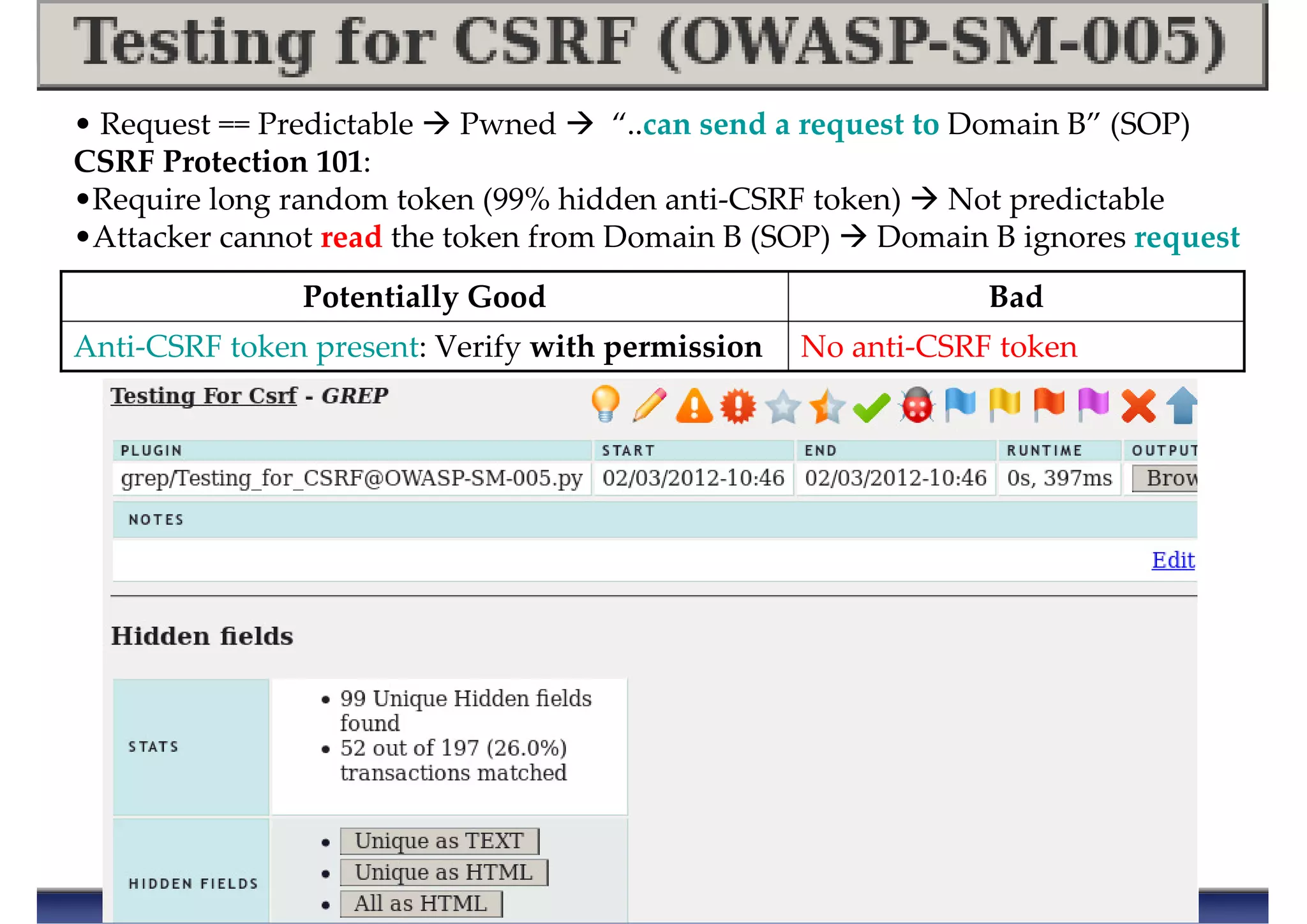 No anti-CSRF tokenAnti-CSRF token present: Verify with permission
BadPotentially Good
• Request == Predictable Pwned “..can send a request to Domain B” (SOP)
CSRF Protection 101:
•Require long random token (99% hidden anti-CSRF token) Not predictable
•Attacker cannot read the token from Domain B (SOP) Domain B ignores request
 
