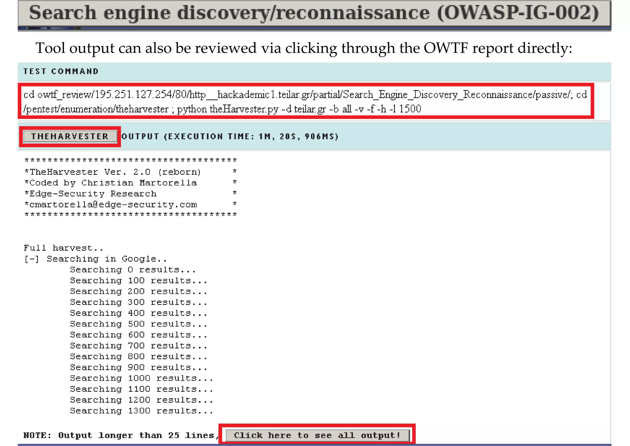 Tool output can also be reviewed via clicking through the OWTF report directly:
 