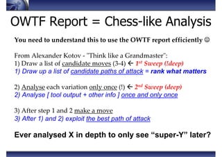OWTF Report = Chess-like Analysis
You need to understand this to use the OWTF report efficiently ☺☺☺☺
From Alexander Kotov...