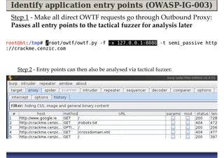 Step 1 - Make all direct OWTF requests go through Outbound Proxy:
Passes all entry points to the tactical fuzzer for analy...