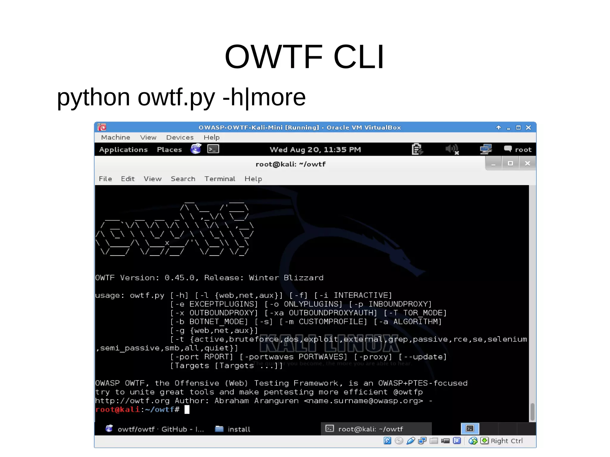 OWTF CLI 
python owtf.py -h|more 
 