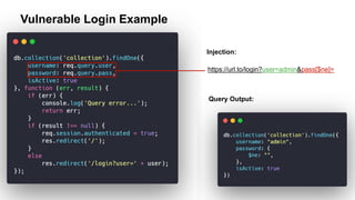 Vulnerable Login Example
Injection:
https://url.to/login?user=admin&pass[$ne]=
Query Output:
 