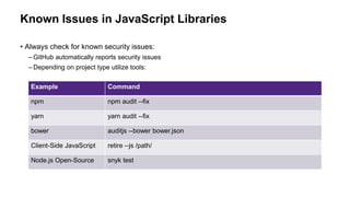 Known Issues in JavaScript Libraries
• Always check for known security issues:
– GitHub automatically reports security issues
– Depending on project type utilize tools:
Example Command
npm npm audit --fix
yarn yarn audit --fix
bower auditjs --bower bower.json
Client-Side JavaScript retire --js /path/
Node.js Open-Source snyk test
 