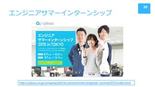 エンジニアサマーインターンシップ
30
http://cybozu.co.jp/company/job/recruitment/intern/engineer-summer2015/index.html
 