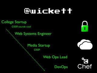 @wickett
College Startup
Web Systems Engineer
Media Startup
Web Ops Lead
DevOps
CISSP
CISSP, sounds cool
 