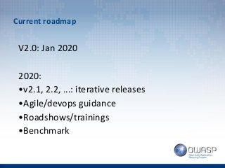 Current roadmap
V2.0: Jan 2020
2020:
•v2.1, 2.2, ...: iterative releases
•Agile/devops guidance
•Roadshows/trainings
•Benc...
