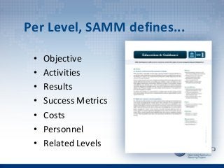 Per Level, SAMM defines...
• Objective
• Activities
• Results
• Success Metrics
• Costs
• Personnel
• Related Levels
 