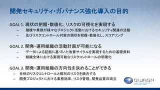 開発セキュリティ・ガバナンス強化導入の目的
GOAL	1.	現状の把握・数値化、リスクの可視化を実現する
– 規模や業務が様々なプロジェクト活動におけるセキュリティ関連の活動
– 及びリスクコントロール対策の現状を把握・数値化し、スコアリング
GOAL	2.	開発・運用組織の活動計画が可能になる
– データによる証拠に基づいた改善サイクルを実現するための基礎資料
– 組織全体における実現可能なリスクコントロールの明確化
GOAL	3.	開発・運用組織の方向性を決めることができる
– 全体のリスクコントロールと個別のリスクを統合する
– 開発プロジェクトにおける業務効率、リスク管理、開発品質の両立
 