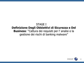 Prospettiva di attacco o di difesaMetodologia Threat Modeling di OWASPMethodolgiasimplificata:Focalizzatasulleminaccie al softwareNon include l’analisiedilcalcolodeirischiL’analisidelleminaccie e’ fatta a diversilivelliOWASP Threat Risk Modeling http://www.owasp.org/index.php/Threat_Risk_Modeling