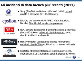 Gli incidenti di data breach piu’ recenti (2011)
           Sony (PlayStattion Network) Furto di dati di carta di
            credito e password for 100,000 users

           Epsilon, sito con emails di AMEX, VISA, Retailers,
            Banche, 60 milioni di emails compromesse

           RSA, servers del sistema di authenticazione a chiavetta
            (SecureID token), milioni di clienti impattati hanno
            dovuto sostituire le chaviette

           HBgary Federal, vendetta del gruppo Anonymous,
            emails di clienti CEOs pubblicati su un server in Russia

           Stratofor, strategic intelligence-reporting per clienti,
            860K emails e 75K numeri di carta di credito dei clienti
                                                          OWASP        10
 