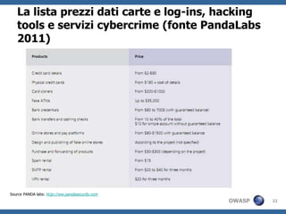 La lista prezzi dati carte e log-ins, hacking
   tools e servizi cybercrime (fonte PandaLabs
   2011)




Source PANDA labs: http://ww.pandasecurity.com
                                                 OWASP   22
 