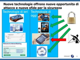 Nuove technologie offrono nuove opportunita di
attacco e nuove sfide per la sicurezza
Technologie di ieri Technologie di
                    oggi




                                     OWASP   29
 