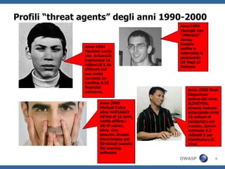 Profili “threat agents” degli anni 1990-2000
                                              Anno1999
                                              Jooseph aka
                                              “c0mrade”
                                              James
                                              installa
                Anno 1994                     sniffer e
                Vladimir Levin                intercetta le
                aka ArkanoID
                                              passwords
                trasferisce 10                US Dept of
                milioni di $ da               Defense
                citibank nel
                suo conto
                corrente by
                hacking X.25
                financial
                                                  Anno 2000 Onel
                networks
                                                  Deguzman
                                                  autore del virus
                        Anno 2000                 ILOVEYOU,
                        Michael Calce             diventa famoso
                        alias MAFIABOY            attaccando circa
                        All’eta di 15 anni,       10 milioni di
                        mette offline i           computers nel
                        siti di yahoo,            mondo., danno
                        ebay, cnn,                estimato 5.5
                        amazon. Etrade            miliardi $ per
                        disconnesso per           disinfestare iil
                        90 minuti usando          virus
                        file sharing
                        software
                                              OWASP             6
 