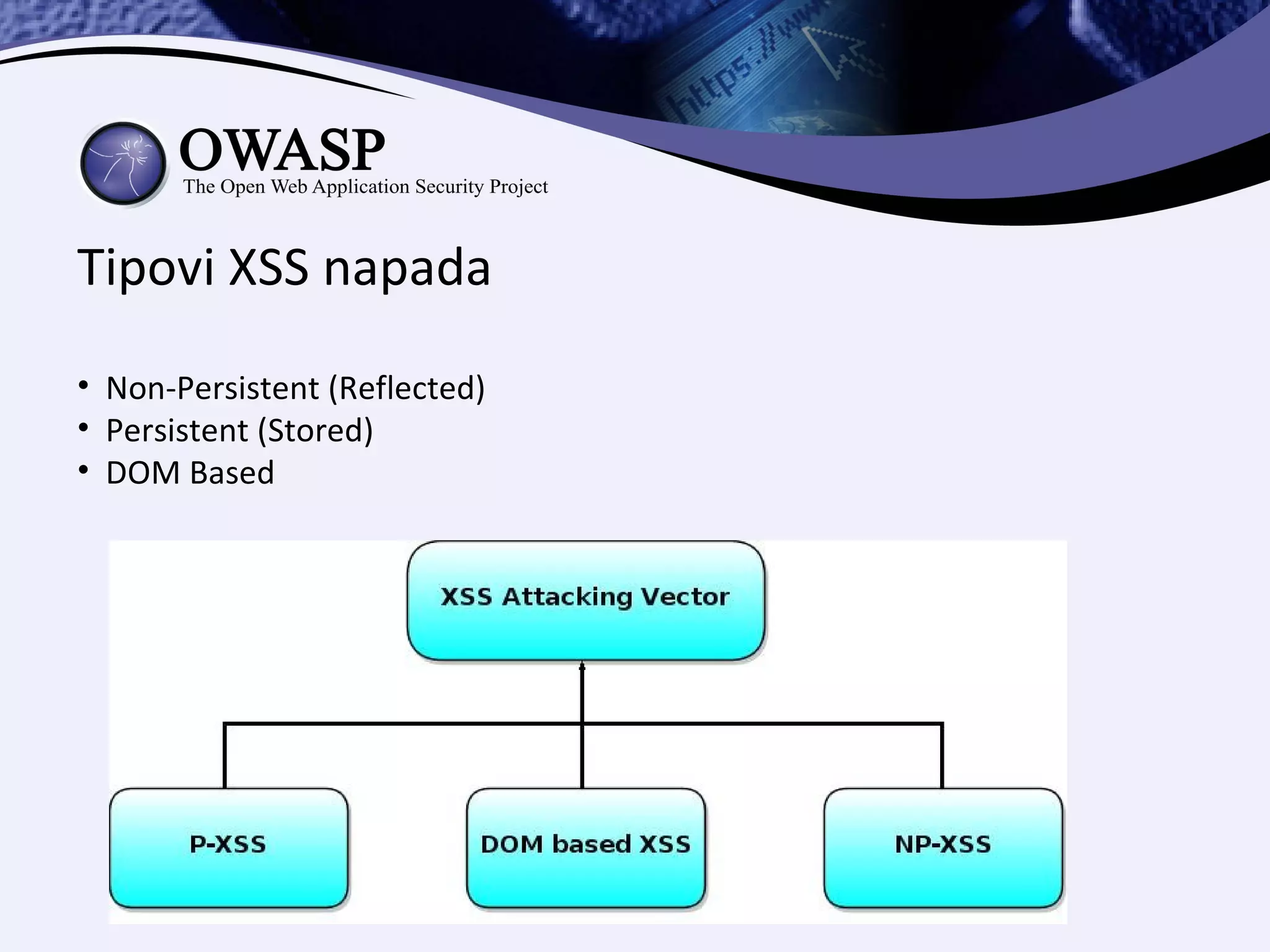 Tipovi XSS napada
• Non-Persistent (Reflected)
• Persistent (Stored)
• DOM Based
 