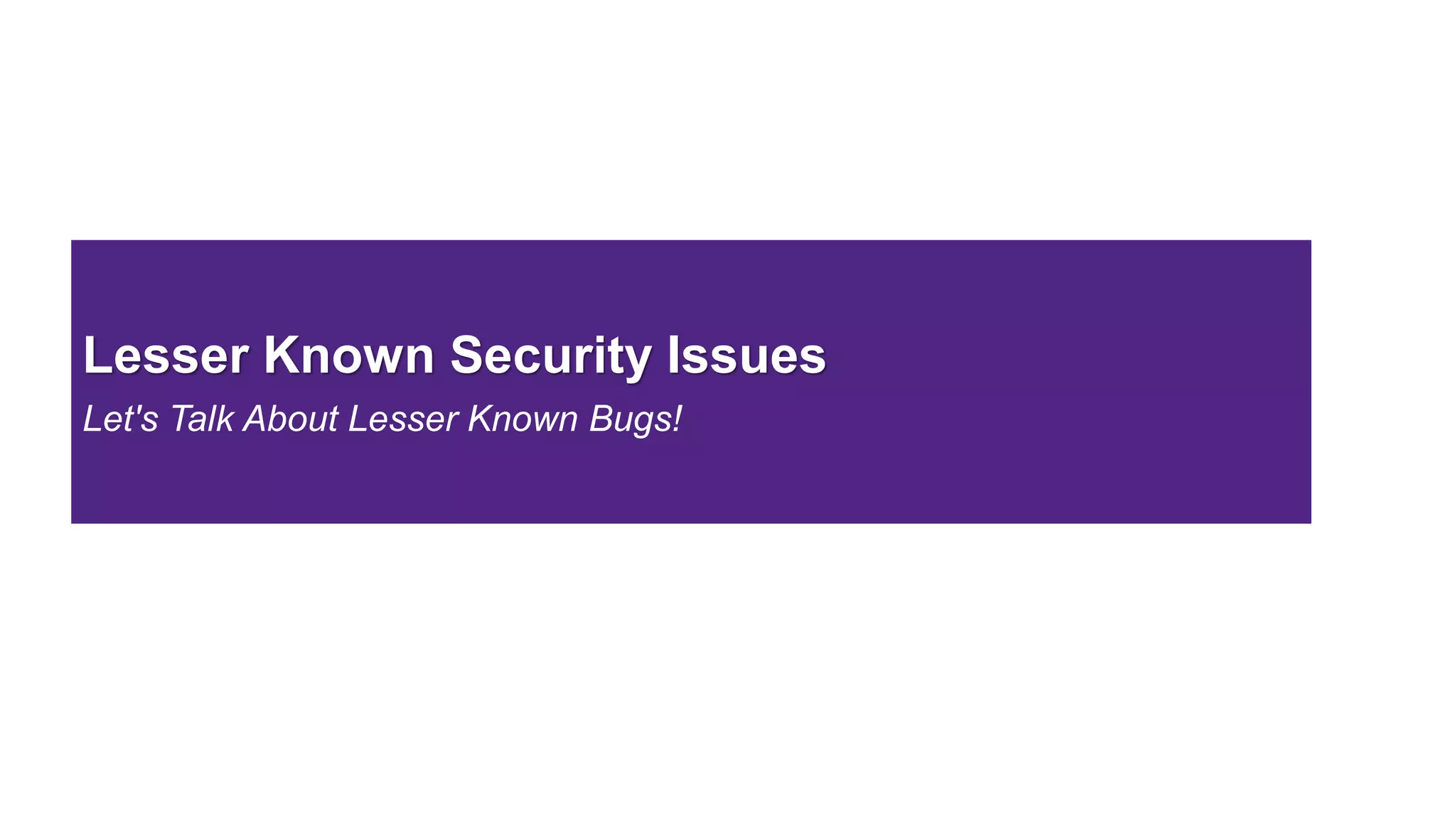 Lesser Known Security Issues
Let's Talk About Lesser Known Bugs!
 