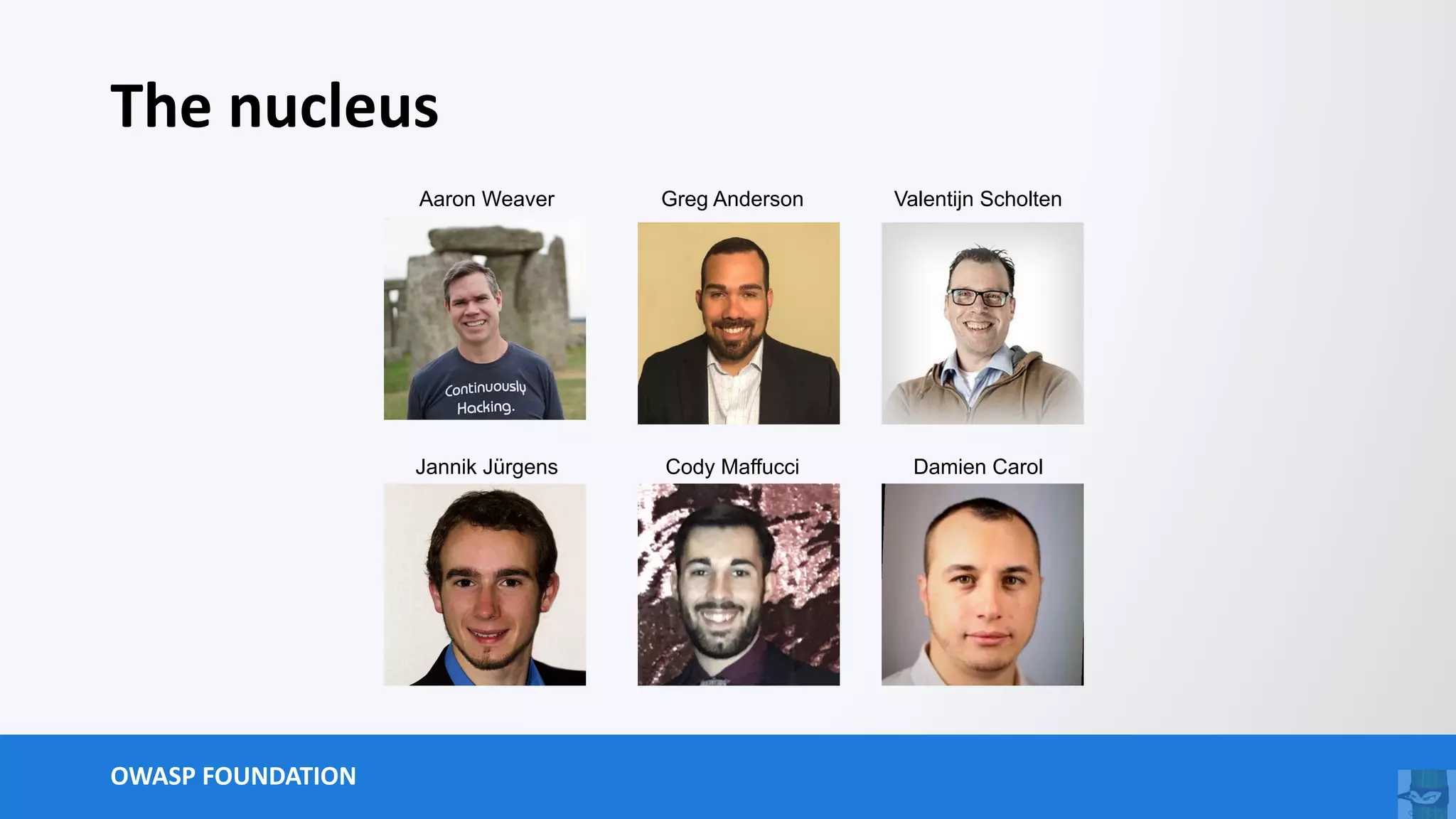 OWASP FOUNDATION
The nucleus
Aaron Weaver Greg Anderson Valentijn Scholten
Jannik Jürgens Cody Maffucci Damien Carol
 
