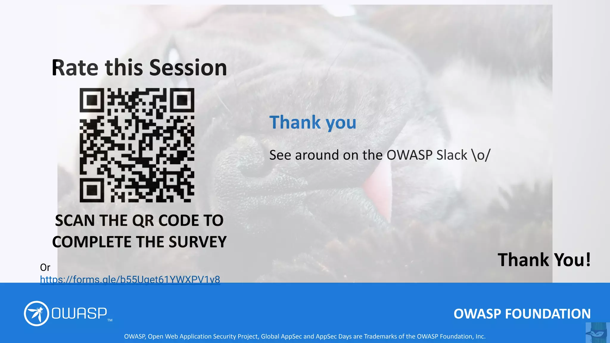 OWASP FOUNDATION
SCAN THE QR CODE TO
COMPLETE THE SURVEY
Rate this Session
Thank You!
TM
OWASP, Open Web Application Security Project, Global AppSec and AppSec Days are Trademarks of the OWASP Foundation, Inc.
Thank you
See around on the OWASP Slack o/
Or
https://forms.gle/b55Uget61YWXPV1y8
 