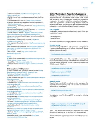 218
Appendix
• OWASP Security Blitz - https://www.owasp.org/index.php/
OWASP_Security_Blitz
• OWASP Phoenix/Tool - https://www.owasp.org/index.php/Phoe-
nix/Tools
• SANS Internet Storm Center (ISC) - https://www.isc.sans.edu
• The Open Web Application Application Security Project (OWASP)
- http://www.owasp.org
• Pentestmonkey - Pen Testing Cheat Sheets - http://pentestmonkey.
net/cheat-sheet
• Secure Coding Guidelines for the .NET Framework 4.5 - http://msdn.
microsoft.com/en-us/library/8a3x2b7f.aspx
• Security in the Java platform - http://docs.oracle.com/javase/6/
docs/technotes/guides/security/overview/jsoverview.html
• System Administration, Networking, and Security Institute (SANS) -
http://www.sans.org
• Technical INFO – Making Sense of Security - http://www.
technicalinfo.net/index.html
• Web Application Security Consortium - http://www.webappsec.org/
projects/
• Web Application Security Scanner List - http://projects.webappsec.
org/w/page/13246988/Web%20Application%20Security%20
Scanner%20List
• Web Security – Articles - http://www.acunetix.com/
websitesecurity/articles/
Videos
• OWASP Appsec Tutorial Series - https://www.owasp.org/index.php/
OWASP_Appsec_Tutorial_Series
• SecurityTube - http://www.securitytube.net/
• Videos by Imperva - http://www.imperva.com/resources/videos.
asp
Deliberately Insecure Web Applications
• OWASP Vulnerable Web Applications Directory Project - https://
www.owasp.org/index.php/OWASP_Vulnerable_Web_
Applications_Directory_Project#tab=Main
• BadStore - http://www.badstore.net/
• Damn Vulnerable Web App - http://www.ethicalhack3r.co.uk/damn-
vulnerable-web-app/
• Hacme Series from McAfee:
• + Hacme Travel - http://www.mcafee.com/us/downloads/free-
tools/hacmetravel.aspx
• + Hacme Bank - http://www.mcafee.com/us/downloads/free-
tools/hacme-bank.aspx
• + Hacme Shipping - http://www.mcafee.com/us/downloads/free-
tools/hacmeshipping.aspx
• + Hacme Casino - http://www.mcafee.com/us/downloads/free-
tools/hacme-casino.aspx
• + Hacme Books - http://www.mcafee.com/us/downloads/free-
tools/hacmebooks.aspx
• Moth - http://www.bonsai-sec.com/en/research/moth.php
• Mutillidae - http://www.irongeek.com/i.php?page=mutillidae/
mutillidae-deliberately-vulnerable-php-owasp-top-10
• Stanford SecuriBench - http://suif.stanford.edu/~livshits/
securibench/
• Vicnum - http://vicnum.sourceforge.net/ and http://www.owasp.
org/index.php/Category:OWASP_Vicnum_Project
• WebGoat - http://www.owasp.org/index.php/Category:OWASP_
WebGoat_Project
• WebMaven (better known as Buggy Bank) - http://www.
mavensecurity.com/WebMaven.php
OWASP Testing Guide Appendix C: Fuzz Vectors
The following are fuzzing vectors which can be used with WebScarab,
JBroFuzz, WSFuzzer, ZAP or another fuzzer. Fuzzing is the “kitchen
sink” approach to testing the response of an application to parameter
manipulation. Generally one looks for error conditions that are gen-
erated in an application as a result of fuzzing. This is the simple part
of the discovery phase. Once an error has been discovered identifying
and exploiting a potential vulnerability is where skill is required.
Fuzz Categories
In the case of stateless network protocol fuzzing (like HTTP(S)) two
broad categories exist:
• Recursive fuzzing
• Replacive fuzzing
Weexamineanddefineeachcategoryinthesub-sectionsthatfollow.
Recursive fuzzing
Recursive fuzzing can be defined as the process of fuzzing a part of
a request by iterating through all the possible combinations of a set
alphabet. Consider the case of:
Selecting “8302fa3b” as a part of the request to be fuzzed against
the set hexadecimal alphabet (i.e. {0,1,2,3,4,5,6,7,8,9,a,b,c,d,e,f}) falls
under the category of recursive fuzzing. This would generate a total
of 16^8 requests of the form:
Replacive fuzzing
Replacive fuzzing can be defined as the process of fuzzing part of a
request by means of replacing it with a set value. This value is known
as a fuzz vector. In the case of:
Testing against Cross Site Scripting (XSS) by sending the following
fuzz vectors:
This is a form of replacive fuzzing. In this category, the total number
of requests is dependent on the number of fuzz vectors specified.
The remainder of this appendix presents a number of fuzz vector cat-
egories.
http://www.example.com/00000000
...
http://www.example.com/11000fff
...
http://www.example.com/ffffffff
http://www.example.com/>”><script>alert(“XSS”)</script>&
http://www.example.com/’’;!--”<XSS>=&{()}
http://www.example.com/8302fa3b
http://www.example.com/8302fa3b
 