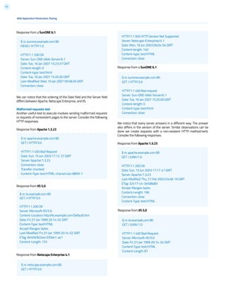 31
Response from a SunONE 6.1
We can notice that the ordering of the Date field and the Server field
differs between Apache, Netscape Enterprise, and IIS.
Malformed requests test
Another useful test to execute involves sending malformed requests
or requests of nonexistent pages to the server. Consider the following
HTTP responses.
Response from Apache 1.3.23
Response from IIS 5.0
Response from Netscape Enterprise 4.1
$ nc iis.example.com 80
GET / HTTP/3.0
HTTP/1.1 200 OK
Server: Microsoft-IIS/5.0
Content-Location: http://iis.example.com/Default.htm
Date: Fri, 01 Jan 1999 20:14: 02 GMT
Content-Type: text/HTML
Accept-Ranges: bytes
Last-Modified: Fri, 01 Jan 1999 20:14: 02 GMT
ETag: W/e0d362a4c335be1: ae1
Content-Length: 133
$ nc apache.example.com 80
GET / JUNK/1.0
HTTP/1.1 200 OK
Date: Sun, 15 Jun 2003 17:17: 47 GMT
Server: Apache/1.3.23
Last-Modified: Thu, 27 Feb 2003 03:48: 19 GMT
ETag: 32417-c4-3e5d8a83
Accept-Ranges: bytes
Content-Length: 196
Connection: close
Content-Type: text/HTML
$ nc iis.example.com 80
GET / JUNK/1.0
HTTP/1.1 400 Bad Request
Server: Microsoft-IIS/5.0
Date: Fri, 01 Jan 1999 20:14: 34 GMT
Content-Type: text/HTML
Content-Length: 87
$ nc netscape.example.com 80
GET / HTTP/3.0
$ nc sunone.example.com 80
GET / HTTP/3.0
HTTP/1.1 400 Bad request
Server: Sun-ONE-Web-Server/6.1
Date: Tue, 16 Jan 2007 15:25:00 GMT
Content-length: 0
Content-type: text/html
Connection: close
$ nc sunone.example.com 80
HEAD / HTTP/1.0
HTTP/1.1 200 OK
Server: Sun-ONE-Web-Server/6.1
Date: Tue, 16 Jan 2007 15:23:37 GMT
Content-length: 0
Content-type: text/html
Date: Tue, 16 Jan 2007 15:20:26 GMT
Last-Modified: Wed, 10 Jan 2007 09:58:26 GMT
Connection: close
$ nc apache.example.com 80
GET / HTTP/3.0
HTTP/1.1 400 Bad Request
Date: Sun, 15 Jun 2003 17:12: 37 GMT
Server: Apache/1.3.23
Connection: close
Transfer: chunked
Content-Type: text/HTML; charset=iso-8859-1
Web Application Penetration Testing
Response from a SunONE 6.1
We notice that every server answers in a different way. The answer
also differs in the version of the server. Similar observations can be
done we create requests with a non-existent HTTP method/verb.
Consider the following responses:
Response from Apache 1.3.23
HTTP/1.1 505 HTTP Version Not Supported
Server: Netscape-Enterprise/4.1
Date: Mon, 16 Jun 2003 06:04: 04 GMT
Content-length: 140
Content-type: text/HTML
Connection: close
Response from IIS 5.0
 