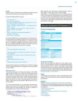 42
More frequently such information is placed between <head></
head> tags, in <meta> tags or at the end of the page.
Nevertheless, it is recommended to check the whole document
since it can be useful for other purposes such as inspection of oth-
er useful comments and hidden fields. Sometimes, web develop-
ers do not care much about hiding information about the frame-
work used. It is still possible to stumble upon something like this
at the bottom of the page:
Common frameworks
Specific files and folders
Specific files and folders are different for each specific frame-
work. It is recommended to install the corresponding framework
during penetration tests in order to have better understanding
of what infrastructure is presented and what files might be left
on the server. However, several good file lists already exist and
one good example is FuzzDB wordlists of predictable files/folders
(http://code.google.com/p/fuzzdb/).
Tools
A list of general and well-known tools is presented below. There
are also a lot of other utilities, as well as framework-based finger-
printing tools.
WhatWeb
Website: http://www.morningstarsecurity.com/research/whatweb
Currently one of the best fingerprinting tools on the market. Included
inadefaultKaliLinuxbuild.Language:RubyMatchesforfingerprinting
are made with:
• Text strings (case sensitive)
• Regular expressions
• Google Hack Database queries (limited set of keywords)
• MD5 hashes
• URL recognition
• HTML tag patterns
The cookie CAKEPHP has automatically been set, which gives in-
formation about the framework being used. List of common cook-
ies names is presented in chapter #Cookies_2. Limitations are the
same - it is possible to change the name of the cookie. For exam-
ple, for the selected CakePHP framework this could be done by
the following configuration (excerpt from core.php):
/**
* The name of CakePHP’s session cookie.
*
* Note the guidelines for Session names states: “The session
name references
* the session id in cookies and URLs. It should contain only al-
phanumeric
* characters.”
* @link http://php.net/session_name
*/
Configure::write(‘Session.cookie’, ‘CAKEPHP’);
GET /cake HTTP /1.1
Host: defcon-moscow.org
User-Agent: Mozilla75.0 |Macintosh; Intel Mac OS X 10.7; rv:
22. 0) Gecko/20100101 Firefox/22 . 0
Accept: text/html, application/xhtml + xml, application/xml;
q=0.9, */*; q=0 , 8
Accept - Language: ru-ru, ru; q=0.8, en-us; q=0.5 , en; q=0 . 3
Accept - Encoding: gzip, deflate
DNT: 1
Cookie: CAKEPHP=rm72kprivgmau5fmjdesbuqi71;
Connection: Keep-alive
Cache-Control: max-age=0
Web Application Penetration Testing
Framework
Zope	
CakePHP	
Laravel
%framework_name%
powered by
built upon
running
Framework
Adobe ColdFusion
Microsoft ASP.NET
ZK
Business Catalyst
Indexhibit
Cookie name
BITRIX_
AMP
django
Keyword
<!-- START headerTags.cfm
__VIEWSTATE
<!-- ZK
<!-- BC_OBNW -->
ndxz-studio
HTML source code
General Markers
Specific markers
Cookies
Another similar and somehow more reliable way to determine the
current web framework are framework-specific cookies.
Consider the following HTTP-request:
However, these changes are less likely to be made than changes
to the X-Powered-By header, so this approach can be considered
as more reliable.
HTML source code
This technique is based on finding certain patterns in the HTML
page source code. Often one can find a lot of information which
helps a tester to recognize a specific web framework. One of
the common markers are HTML comments that directly lead to
framework disclosure. More often certain framework-specific
paths can be found, i.e. links to framework-specific css and/or js
folders. Finally, specific script variables might also point to a cer-
tain framework.
From the screenshot below one can easily learn the used frame-
work and its version by the mentioned markers. The comment,
specific paths and script variables can all help an attacker to
quickly determine an instance of ZK framework.
Cookies
 