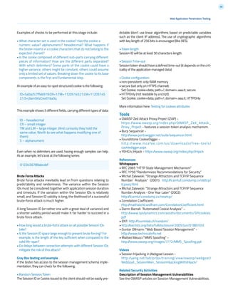 88
Examples of checks to be performed at this stage include:
• What character set is used in the cookie? Has the cookie a
numeric value? alphanumeric? hexadecimal? What happens if
the tester inserts in a cookie characters that do not belong to the
expected charset?
• Is the cookie composed of different sub-parts carrying different
pieces of information? How are the different parts separated?
With which delimiters? Some parts of the cookie could have a
higher variance, others might be constant, others could assume
only a limited set of values. Breaking down the cookie to its base
components is the first and fundamental step.
An example of an easy-to-spot structured cookie is the following:
This example shows 5 different fields, carrying different types of data:
Even when no delimiters are used, having enough samples can help.
As an example, let’s look at the following series:
Brute Force Attacks
Brute force attacks inevitably lead on from questions relating to
predictability and randomness. The variance within the Session
IDs must be considered together with application session duration
and timeouts. If the variation within the Session IDs is relatively
small, and Session ID validity is long, the likelihood of a successful
brute-force attack is much higher.
A long Session ID (or rather one with a great deal of variance) and
a shorter validity period would make it far harder to succeed in a
brute force attack.
• How long would a brute-force attack on all possible Session IDs
take?
• Is the Session ID space large enough to prevent brute forcing? For
example, is the length of the key sufficient when compared to the
valid life-span?
• Do delays between connection attempts with different Session IDs
mitigate the risk of this attack?
Gray Box testing and example
If the tester has access to the session management schema imple-
mentation, they can check for the following:
• Random Session Token
The Session ID or Cookie issued to the client should not be easily pre-
dictable (don’t use linear algorithms based on predictable variables
such as the client IP address). The use of cryptographic algorithms
with key length of 256 bits is encouraged (like AES).
• Token length
Session ID will be at least 50 characters length.
• Session Time-out
Session token should have a defined time-out (it depends on the crit-
icality of the application managed data)
• Cookie configuration:
• non-persistent: only RAM memory
• secure (set only on HTTPS channel):
Set Cookie: cookie=data; path=/; domain=.aaa.it; secure
• HTTPOnly (not readable by a script):
Set Cookie: cookie=data; path=/; domain=.aaa.it; HTTPOnly
More information here: Testing for cookies attributes
Tools
• OWASP Zed Attack Proxy Project (ZAP) -
https://www.owasp.org/index.php/OWASP_Zed_Attack_
Proxy_Project - features a session token analysis mechanism.
• Burp Sequencer -
http://www.portswigger.net/suite/sequencer.html
• Foundstone CookieDigger -
http://www.mcafee.com/us/downloads/free-tools/
cookiedigger.aspx
• YEHG’s JHijack - https://www.owasp.org/index.php/JHijack
References
Whitepapers
• RFC 2965 “HTTP State Management Mechanism”
• RFC 1750 “Randomness Recommendations for Security”
• Michal Zalewski: “Strange Attractors and TCP/IP Sequence
Number Analysis” (2001): http://lcamtuf.coredump.cx/oldtcp/
tcpseq.html
• Michal Zalewski: “Strange Attractors and TCP/IP Sequence
Number Analysis - One Year Later” (2002):
http://lcamtuf.coredump.cx/newtcp/
• Correlation Coefficient:
http://mathworld.wolfram.com/CorrelationCoefficient.html
• Darrin Barrall: “Automated Cookie Analysis” –
http://www.spidynamics.com/assets/documents/SPIcookies.
pdf
• ENT: http://fourmilab.ch/random/
• http://seclists.org/lists/fulldisclosure/2005/Jun/0188.html
• Gunter Ollmann: “Web Based Session Management” -
http://www.technicalinfo.net
• Matteo Meucci:”MMS Spoofing” -
http://www.owasp.org/images/7/72/MMS_Spoofing.ppt
Videos
• Session Hijacking in Webgoat Lesson -
http://yehg.net/lab/pr0js/training/view/owasp/webgoat/
WebGoat_SessionMan_SessionHijackingWithJHijack/
Related Security Activities
Description of Session Management Vulnerabilities
See the OWASP articles on Session Management Vulnerabilities.
Web Application Penetration Testing
ID=5a0acfc7ffeb919:CR=1:TM=1120514521:LM=11205145
21:S=j3am5KzC4v01ba3q
0123456789abcdef
ID – hexadecimal
CR – small integer
TM and LM – large integer. (And curiously they hold the
same value. Worth to see what happens modifying one of
them)
S – alphanumeric
 