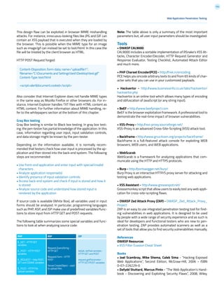 104
Note: The table above is only a summary of the most important
parameters but, all user input parameters should be investigated.
Tools
• OWASP CAL9000
CAL9000 includes a sortable implementation of RSnake’s XSS At-
tacks, Character Encoder/Decoder, HTTP Request Generator and
Response Evaluator, Testing Checklist, Automated Attack Editor
and much more.
• PHP Charset Encoder(PCE) - http://h4k.in/encoding
PCE helps you encode arbitrary texts to and from 65 kinds of char-
acter sets that you can use in your customized payloads.
• Hackvertor - http://www.businessinfo.co.uk/labs/hackvertor/
hackvertor.php
Hackvertor is an online tool which allows many types of encoding
and obfuscation of JavaScript (or any string input).
• BeEF - http://www.beefproject.com
BeEF is the browser exploitation framework. A professional tool to
demonstrate the real-time impact of browser vulnerabilities.
• XSS-Proxy - http://xss-proxy.sourceforge.net/
XSS-Proxy is an advanced Cross-Site-Scripting (XSS) attack tool.
• Backframe - http://www.gnucitizen.org/projects/backframe/
Backframe is a full-featured attack console for exploiting WEB
browsers, WEB users, and WEB applications.
• WebScarab
WebScarab is a framework for analyzing applications that com-
municate using the HTTP and HTTPS protocols.
• Burp - http://portswigger.net/burp/
Burp Proxy is an interactive HTTP/S proxy server for attacking and
testing web applications.
• XSS Assistant - http://www.greasespot.net/
Greasemonkey script that allow users to easily test any web appli-
cation for cross-site-scripting flaws.
• OWASP Zed Attack Proxy (ZAP) - OWASP_Zed_Attack_Proxy_
Project
ZAP is an easy to use integrated penetration testing tool for find-
ing vulnerabilities in web applications. It is designed to be used
by people with a wide range of security experience and as such is
ideal for developers and functional testers who are new to pen-
etration testing. ZAP provides automated scanners as well as a
set of tools that allow you to find security vulnerabilities manually.
References
OWASP Resources
• XSS Filter Evasion Cheat Sheet
Books
• Joel Scambray, Mike Shema, Caleb Sima - “Hacking Exposed
Web Applications”, Second Edition, McGraw-Hill, 2006 - ISBN
0-07-226229-0
• Dafydd Stuttard, Marcus Pinto - “The Web Application’s Hand-
book - Discovering and Exploiting Security Flaws”, 2008, Wiley,
This design flaw can be exploited in browser MIME mishandling
attacks. For instance, innocuous-looking files like JPG and GIF can
contain an XSS payload that is executed when they are loaded by
the browser. This is possible when the MIME type for an image
such as image/gif can instead be set to text/html. In this case the
file will be treated by the client browser as HTML.
HTTP POST Request forged:
Also consider that Internet Explorer does not handle MIME types
in the same way as Mozilla Firefox or other browsers do. For in-
stance, Internet Explorer handles TXT files with HTML content as
HTML content. For further information about MIME handling, re-
fer to the whitepapers section at the bottom of this chapter.
Gray Box testing
Gray Box testing is similar to Black box testing. In gray box test-
ing, the pen-tester has partial knowledge of the application. In this
case, information regarding user input, input validation controls,
and data storage might be known by the pen-tester.
Depending on the information available, it is normally recom-
mended that testers check how user input is processed by the ap-
plication and then stored into the back-end system. The following
steps are recommended:
• Use front-end application and enter input with special/invalid
characters
• Analyze application response(s)
• Identify presence of input validation controls
• Access back-end system and check if input is stored and how it
is stored
• Analyze source code and understand how stored input is
rendered by the application
If source code is available (White Box), all variables used in input
forms should be analyzed. In particular, programming languages
such as PHP, ASP, and JSP make use of predefined variables/func-
tions to store input from HTTP GET and POST requests.
The following table summarizes some special variables and func-
tions to look at when analyzing source code:
Web Application Penetration Testing
PHP
	
$_GET - HTTP GET
variables
$_POST - HTTP POST
variables
$_REQUEST – http POST,
GET and COOKIE variables
$_FILES - HTTP File
Upload variables
ASP
Request.QueryString -
HTTP GET
Request.Form - HTTP
POST
Server.CreateObject - used
to upload files
JSP
doGet, doPost servlets -
HTTP GET and POST
request.getParameter -
HTTP GET/POST variables
Content-Disposition: form-data; name=”uploadfile1”;
filename=”C:Documents and SettingstestDesktoptest.gif”
Content-Type: text/html
<script>alert(document.cookie)</script>
 