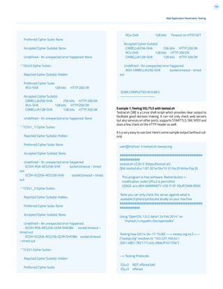 164
Web Application Penetration Testing
Preferred Cipher Suite: None
Accepted Cipher Suite(s): None
Undefined - An unexpected error happened: None
* SSLV3 Cipher Suites :
Rejected Cipher Suite(s): Hidden
Preferred Cipher Suite:
RC4-SHA 128 bits HTTP 200 OK
Accepted Cipher Suite(s):
CAMELLIA256-SHA 256 bits HTTP 200 OK
RC4-SHA 128 bits HTTP 200 OK
CAMELLIA128-SHA 128 bits HTTP 200 OK
Undefined - An unexpected error happened: None
* TLSV1_1 Cipher Suites :
Rejected Cipher Suite(s): Hidden
Preferred Cipher Suite: None
Accepted Cipher Suite(s): None
Undefined - An unexpected error happened:
ECDH-RSA-AES256-SHA socket.timeout - timed
out
ECDH-ECDSA-AES256-SHA socket.timeout - timed
out
* TLSV1_2 Cipher Suites :
Rejected Cipher Suite(s): Hidden
Preferred Cipher Suite: None
Accepted Cipher Suite(s): None
Undefined - An unexpected error happened:
ECDH-RSA-AES256-GCM-SHA384 socket.timeout -
timed out
ECDH-ECDSA-AES256-GCM-SHA384 socket.timeout
- timed out
* TLSV1 Cipher Suites :
Rejected Cipher Suite(s): Hidden
Preferred Cipher Suite:
RC4-SHA 128 bits Timeout on HTTP GET
Accepted Cipher Suite(s):
CAMELLIA256-SHA 256 bits HTTP 200 OK
RC4-SHA 128 bits HTTP 200 OK
CAMELLIA128-SHA 128 bits HTTP 200 OK
Undefined - An unexpected error happened:
ADH-CAMELLIA256-SHA socket.timeout - timed
out
SCAN COMPLETED IN 9.68 S
------------------------
user@myhost: % testssl.sh owasp.org
#############################################
###########
testssl.sh v2.0rc3 (https://testssl.sh)
($Id: testssl.sh,v 1.97 2014/04/15 21:54:29 dirkw Exp $)
This program is free software. Redistribution +
modification under GPLv2 is permitted.
USAGE w/o ANY WARRANTY. USE IT AT YOUR OWN RISK!
Note you can only check the server against what is
available (ciphers/protocols) locally on your machine
#############################################
###########
Using “OpenSSL 1.0.2-beta1 24 Feb 2014” on
“myhost:/<mypath>/bin/openssl64”
Testing now (2014-04-17 15:06) ---> owasp.org:443 <---
(“owasp.org” resolves to “192.237.166.62 /
2001:4801:7821:77:cd2c:d9de:ff10:170e”)
--> Testing Protocols
SSLv2 NOT offered (ok)
SSLv3 offered
Example 7. Testing SSL/TLS with testssl.sh
Testssl.sh [38] is a Linux shell script which provides clear output to
facilitate good decision making. It can not only check web servers
but also services on other ports, supports STARTTLS, SNI, SPDY and
does a few check on the HTTP header as well.
It’s a very easy to use tool. Here’s some sample output (without col-
ors):
 