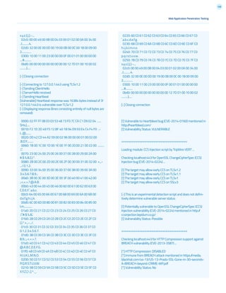 168
Web Application Penetration Testing
x.y.z.{.|.}.~...
02c0: 00 00 49 00 0B 00 04 03 00 01 02 00 0A 00 34 00
..I...........4.
02d0: 32 00 0E 00 0D 00 19 00 0B 00 0C 00 18 00 09 00
2...............
0300: 10 00 11 00 23 00 00 00 0F 00 01 01 00 00 00 00
....#...........
0bd0: 00 00 00 00 00 00 00 00 00 12 7D 01 00 10 00 02
..........}.....
[-] Closing connection
[-] Connecting to 127.0.0.1:443 using TLSv1.2
[-] Sending ClientHello
[-] ServerHello received
[-] Sending Heartbeat
[Vulnerable] Heartbeat response was 16384 bytes instead of 3!
127.0.0.1:443 is vulnerable over TLSv1.2
[-] Displaying response (lines consisting entirely of null bytes are
removed):
0000: 02 FF FF 08 03 03 53 48 73 F0 7C CA C1 D9 02 04 ......
SHs.|.....
0010: F2 1D 2D 49 F5 12 BF 40 1B 94 D9 93 E4 C4 F4 F0 ..-
I...@........
0020: D0 42 CD 44 A2 59 00 02 96 00 00 00 01 00 02 00
.B.D.Y..........
0060: 1B 00 1C 00 1D 00 1E 00 1F 00 20 00 21 00 22 00 ..........
.!.”.
0070: 23 00 24 00 25 00 26 00 27 00 28 00 29 00 2A 00
#.$.%.&.’.(.).*.
0080: 2B 00 2C 00 2D 00 2E 00 2F 00 30 00 31 00 32 00 +.,.-
.../.0.1.2.
0090: 33 00 34 00 35 00 36 00 37 00 38 00 39 00 3A 00
3.4.5.6.7.8.9.:.
00a0: 3B 00 3C 00 3D 00 3E 00 3F 00 40 00 41 00 42 00
;.<.=.>.?.@.A.B.
00b0: 43 00 44 00 45 00 46 00 60 00 61 00 62 00 63 00
C.D.E.F.`.a.b.c.
00c0: 64 00 65 00 66 00 67 00 68 00 69 00 6A 00 6B 00
d.e.f.g.h.i.j.k.
00d0: 6C 00 6D 00 80 00 81 00 82 00 83 00 84 00 85 00
l.m.............
01a0: 20 C0 21 C0 22 C0 23 C0 24 C0 25 C0 26 C0 27 C0
.!.”.#.$.%.&.’.
01b0: 28 C0 29 C0 2A C0 2B C0 2C C0 2D C0 2E C0 2F C0
(.).*.+.,.-.../.
01c0: 30 C0 31 C0 32 C0 33 C0 34 C0 35 C0 36 C0 37 C0
0.1.2.3.4.5.6.7.
01d0: 38 C0 39 C0 3A C0 3B C0 3C C0 3D C0 3E C0 3F C0
8.9.:.;.<.=.>.?.
01e0: 40 C0 41 C0 42 C0 43 C0 44 C0 45 C0 46 C0 47 C0
@.A.B.C.D.E.F.G.
01f0: 48 C0 49 C0 4A C0 4B C0 4C C0 4D C0 4E C0 4F C0
H.I.J.K.L.M.N.O.
0200: 50 C0 51 C0 52 C0 53 C0 54 C0 55 C0 56 C0 57 C0
P.Q.R.S.T.U.V.W.
0210: 58 C0 59 C0 5A C0 5B C0 5C C0 5D C0 5E C0 5F C0
X.Y.Z.[..].^._.
0220: 60 C0 61 C0 62 C0 63 C0 64 C0 65 C0 66 C0 67 C0
`.a.b.c.d.e.f.g.
0230: 68 C0 69 C0 6A C0 6B C0 6C C0 6D C0 6E C0 6F C0
h.i.j.k.l.m.n.o.
0240: 70 C0 71 C0 72 C0 73 C0 74 C0 75 C0 76 C0 77 C0
p.q.r.s.t.u.v.w.
0250: 78 C0 79 C0 7A C0 7B C0 7C C0 7D C0 7E C0 7F C0
x.y.z.{.|.}.~...
02c0: 00 00 49 00 0B 00 04 03 00 01 02 00 0A 00 34 00
..I...........4.
02d0: 32 00 0E 00 0D 00 19 00 0B 00 0C 00 18 00 09 00
2...............
0300: 10 00 11 00 23 00 00 00 0F 00 01 01 00 00 00 00
....#...........
0bd0: 00 00 00 00 00 00 00 00 00 12 7D 01 00 10 00 02
..........}.....
[-] Closing connection
[!] Vulnerable to Heartbleed bug (CVE-2014-0160) mentioned in
http://heartbleed.com/
[!] Vulnerability Status: VULNERABLE
=====================================
Loading module: CCS Injection script by TripWire VERT ...
Checking localhost:443 for OpenSSL ChangeCipherSpec (CCS)
Injection bug (CVE-2014-0224) ...
[!] The target may allow early CCS on TLSv1.2
[!] The target may allow early CCS on TLSv1.1
[!] The target may allow early CCS on TLSv1
[!] The target may allow early CCS on SSLv3
[-] This is an experimental detection script and does not defini-
tively determine vulnerable server status.
[!] Potentially vulnerable to OpenSSL ChangeCipherSpec (CCS)
Injection vulnerability (CVE-2014-0224) mentioned in http://
ccsinjection.lepidum.co.jp/
[!] Vulnerability Status: Possible
=====================================
Checking localhost:443 for HTTP Compression support against
BREACH vulnerability (CVE-2013-3587) ...
[*] HTTP Compression: DISABLED
[*] Immune from BREACH attack mentioned in https://media.
blackhat.com/us-13/US-13-Prado-SSL-Gone-in-30-seconds-
A-BREACH-beyond-CRIME-WP.pdf
[*] Vulnerability Status: No
 