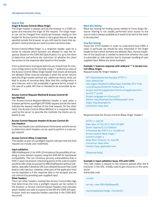 195
How to Test
Origin & Access-Control-Allow-Origin
The Origin header is always sent by the browser in a CORS re-
quest and indicates the origin of the request. The Origin head-
er can not be changed from JavaScript however relying on this
header for Access Control checks is not a good idea as it may be
spoofed outside the browser, so you still need to check that ap-
plication-level protocols are used to protect sensitive data.
Access-Control-Allow-Origin is a response header used by a
server to indicate which domains are allowed to read the re-
sponse. Based on the CORS W3 Specification it is up to the client
to determine and enforce the restriction of whether the client
has access to the response data based on this header.
From a penetration testing perspective you should look for inse-
cure configurations as for example using a ‘*’ wildcard as value of
the Access-Control-Allow-Origin header that means all domains
are allowed. Other insecure example is when the server returns
back the Origin header without any additional checks, what can
lead to access of sensitive data. Note that this configuration is
very insecure, and is not acceptable in general terms, except in
the case of a public API that is intended to be accessible by ev-
eryone.
Access-Control-Request-Method & Access-Control-Al-
low-Method
The Access-Control-Request-Method header is used when a
browser performs a preflight OPTIONS request and let the client
indicate the request method of the final request. On the other
hand, the Access-Control-Allow-Method is a response header
used by the server to describe the methods the clients are al-
lowed to use.
Access-Control-Request-Headers & Access-Control-Al-
low-Headers
These two headers are used between the browser and the server
to determine which headers can be used to perform a cross-or-
igin request.
Access-Control-Allow-Credentials
This header as part of a preflight request indicates that the final
request can include user credentials.
Input validation
XMLHttpRequest L2 (or XHR L2) introduces the possibility of cre-
ating a cross-domain request using the XHR API for backwards
compatibility. This can introduce security vulnerabilities that in
XHR L1 were not present. Interesting points of the code to exploit
would be URLs that are passed to XMLHttpRequest without vali-
dation, specially if absolute URLS are allowed because that could
lead to code injection. Likewise, other part of the application that
can be exploited is if the response data is not escaped and we
can control it by providing user-supplied input.
Other headers
There are other headers involved like Access-Control-Max-Age
that determines the time a preflight request can be cached in
the browser, or Access-Control-Expose-Headers that indicates
which headers are safe to expose to the API of a CORS API spec-
ification, both are response headers specified in the CORS W3C
document.
Black Box testing
Black box testing for finding issues related to Cross Origin Re-
source Sharing is not usually performed since access to the
source code is always available as it needs to be sent to the client
to be executed.
Gray Box testing
Check the HTTP headers in order to understand how CORS is
used, in particular we should be very interested in the Origin
header to learn which domains are allowed. Also, manual inspec-
tion of the JavaScript is needed to determine whether the code
is vulnerable to code injection due to improper handling of user
supplied input. Below are some examples:
Example 1: Insecure response with wildcard ‘*’ in Access-Con-
trol-Allow-Origin:
Request (note the ‘Origin’ header:)
Response (note the ‘Access-Control-Allow-Origin’ header:)
Example 2: Input validation issue, XSS with CORS:
This code makes a request to the resource passed after the #
character in the URL, initially used to get resources in the same
server.
Vulnerable code:
Web Application Penetration Testing
GET http://attacker.bar/test.php HTTP/1.1
Host: attacker.bar
User-Agent: Mozilla/5.0 (Macintosh; Intel Mac OS X 10.8;
rv:24.0) Gecko/20100101 Firefox/24.0
Accept: text/html,application/xhtml+xml,application/xm-
l;q=0.9,*/*;q=0.8
Accept-Language: en-US,en;q=0.5
Referer: http://example.foo/CORSexample1.html
Origin: http://example.foo
Connection: keep-alive
HTTP/1.1 200 OK
Date: Mon, 07 Oct 2013 18:57:53 GMT
Server: Apache/2.2.22 (Debian)
X-Powered-By: PHP/5.4.4-14+deb7u3
Access-Control-Allow-Origin: *
Content-Length: 4
Keep-Alive: timeout=15, max=99
Connection: Keep-Alive
Content-Type: application/xml
[Response Body]
<script>
var req = new XMLHttpRequest();
req.onreadystatechange = function() {
 