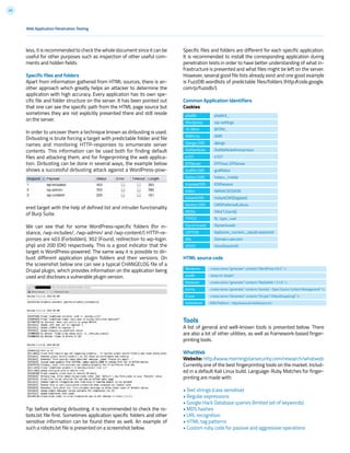 45
Specific files and folders are different for each specific application.
It is recommended to install the corresponding application during
penetration tests in order to have better understanding of what in-
frastructure is presented and what files might be left on the server.
However, several good file lists already exist and one good example
is FuzzDB wordlists of predictable files/folders (http://code.google.
com/p/fuzzdb/).
Common Application Identifiers
Cookies
HTML source code
Tools
A list of general and well-known tools is presented below. There
are also a lot of other utilities, as well as framework-based finger-
printing tools.
WhatWeb
Website: http://www.morningstarsecurity.com/research/whatweb
Currently one of the best fingerprinting tools on the market. Includ-
ed in a default Kali Linux build. Language: Ruby Matches for finger-
printing are made with:
• Text strings (case sensitive)
• Regular expressions
• Google Hack Database queries (limited set of keywords)
• MD5 hashes
• URL recognition
• HTML tag patterns
• Custom ruby code for passive and aggressive operations
less, it is recommended to check the whole document since it can be
useful for other purposes such as inspection of other useful com-
ments and hidden fields.
Specific files and folders
Apart from information gathered from HTML sources, there is an-
other approach which greatly helps an attacker to determine the
application with high accuracy. Every application has its own spe-
cific file and folder structure on the server. It has been pointed out
that one can see the specific path from the HTML page source but
sometimes they are not explicitly presented there and still reside
on the server.
In order to uncover them a technique known as dirbusting is used.
Dirbusting is brute forcing a target with predictable folder and file
names and monitoring HTTP-responses to emumerate server
contents. This information can be used both for finding default
files and attacking them, and for fingerprinting the web applica-
tion. Dirbusting can be done in several ways, the example below
shows a successful dirbusting attack against a WordPress-pow-
ered target with the help of defined list and intruder functionality
of Burp Suite.
We can see that for some WordPress-specific folders (for in-
stance, /wp-includes/, /wp-admin/ and /wp-content/) HTTP-re-
ponses are 403 (Forbidden), 302 (Found, redirection to wp-login.
php) and 200 (OK) respectively. This is a good indicator that the
target is WordPress-powered. The same way it is possible to dir-
bust different application plugin folders and their versions. On
the screenshot below one can see a typical CHANGELOG file of a
Drupal plugin, which provides information on the application being
used and discloses a vulnerable plugin version.
Tip: before starting dirbusting, it is recommended to check the ro-
bots.txt file first. Sometimes application specific folders and other
sensitive information can be found there as well. An example of
such a robots.txt file is presented on a screenshot below.
phpBB
Wordpress
1C-Bitrix 	
AMPcms 	
Django CMS 	
DotNetNuke 	
e107 	
EPiServer 	
Graffiti CMS 	
Hotaru CMS 	
ImpressCMS 	
Indico 	
InstantCMS 	
Kentico CMS 	
MODx 	
TYPO3 	
Dynamicweb 	
LEPTON 	
Wix 	
VIVVO 	
phpbb3_
wp-settings
BITRIX_
AMP
django
DotNetNukeAnonymous
e107 	
EPiTrace, EPiServer
graffitibot
hotaru_mobile
ICMSession
MAKACSESSION
InstantCMS[logdate]
CMSPreferredCulture
SN4[12symb]
fe_typo_user
Dynamicweb
lep[some_numeric_value]+sessionid
Domain=.wix.com
VivvoSessionId
Wordpress
phpBB
Mediawiki
Joomla
Drupal
DotNetNuke
<meta name=”generator” content=”WordPress 3.9.2” />
<body id=”phpbb”
<meta name=”generator” content=”MediaWiki 1.21.9” />
<meta name=”generator” content=”Joomla! - Open Source Content Management” />
<meta name=”Generator” content=”Drupal 7 (http://drupal.org)” />
DNN Platform - http://www.dnnsoftware.com
Web Application Penetration Testing
 