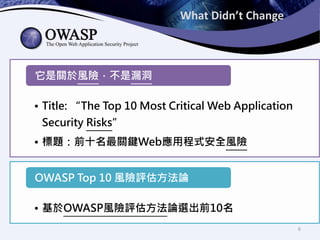 What Didn’t Change
• Title: “The Top 10 Most Critical Web Application
Security Risks”
• 標題：前十名最關鍵Web應用程式安全風險
它是關於風險，不是漏洞
• 基於OWASP風險評估方法論選出前10名
OWASP Top 10 風險評估方法論
6
 